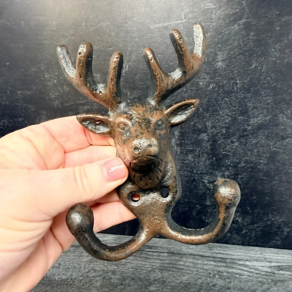 Cast‎ Iron Stag Deer Head Double Wall Hook Rustic Cabin Lodge Decor Farmhouse